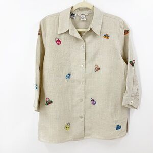 Edward Irish Linen Novelty Embroidered Handbags Motif Button Down Tan Sz M
